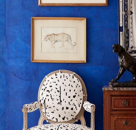 Wallpaper that looks like paint by Schumacher and upholstered fabric by Schumacher for accent chair.